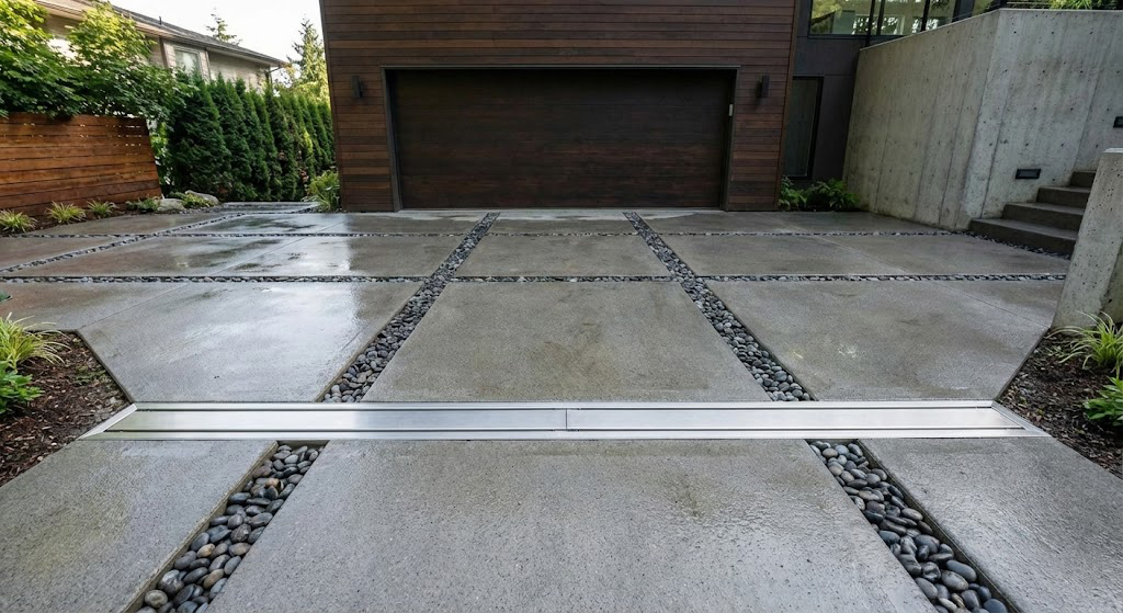 Driveway with river rock and drain detail