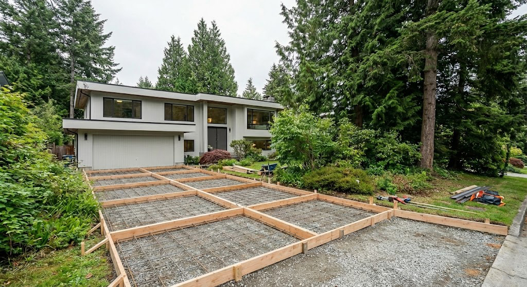 Driveway construction showing formwork and rebar