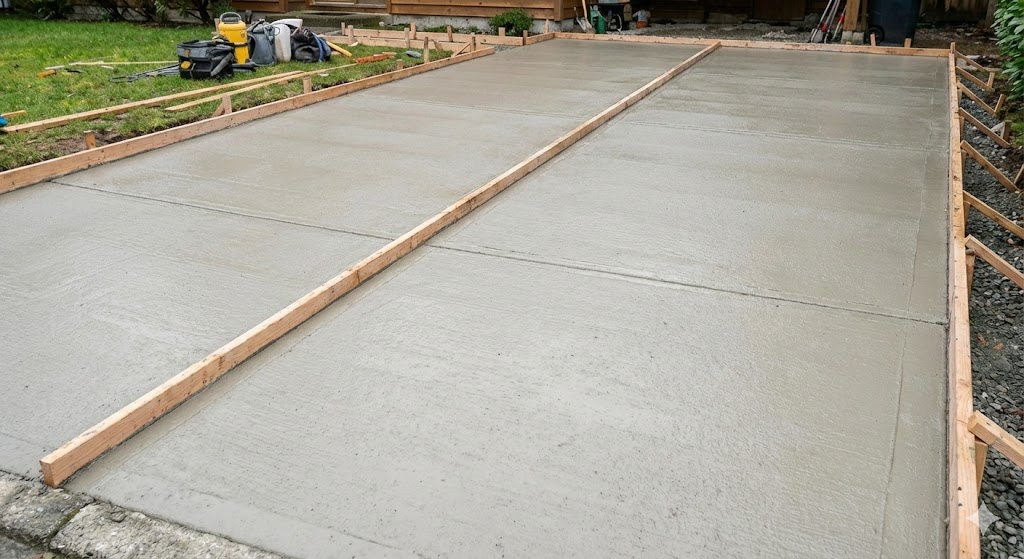 Freshly poured concrete driveway with formwork