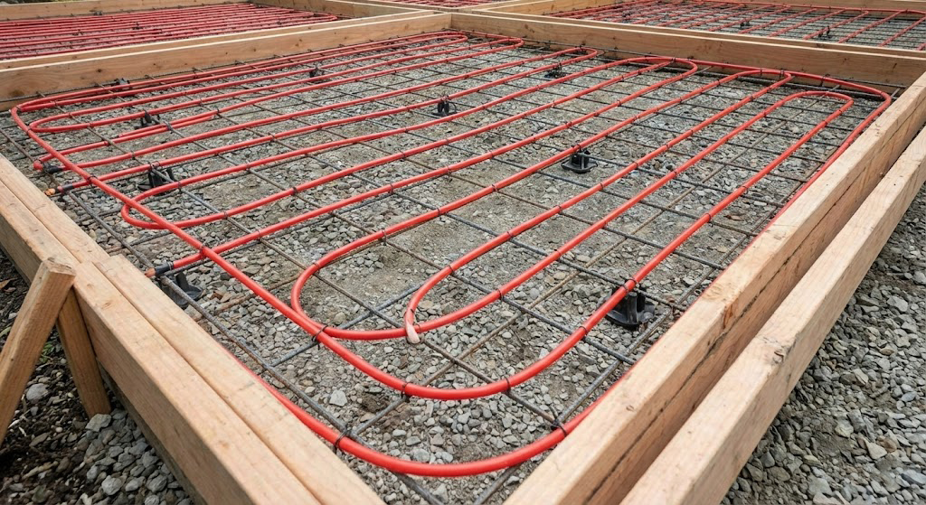 Radiant heating tubes and rebar setup showing quality foundation work
