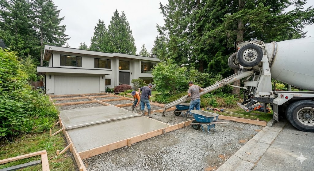 Workers pouring concrete from a truck into driveway forms